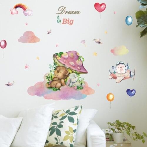 Hand Painted Mushroom Rabbit Bear Wall Stickers for Children Kids rooms Wall Decor Cartoon Pilot Murals Decals Home Decorative