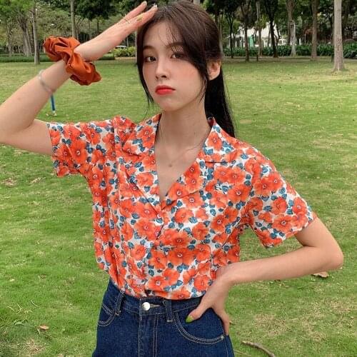 Floral Printed Notched Ladies Shirt Summer Sweet Casual Short Sleeve Chiffon Blouse Top