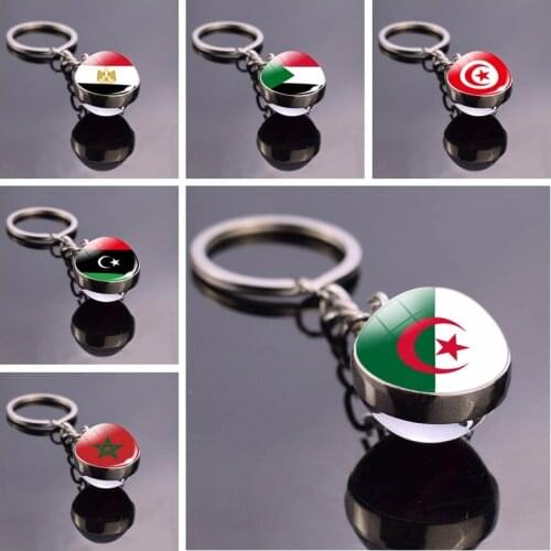 North Africa Flag Keychain Algeria Sudan Tunisia Morocco Libya Egypt Glass Ball Keyring Chain Country National Flag Jewelry