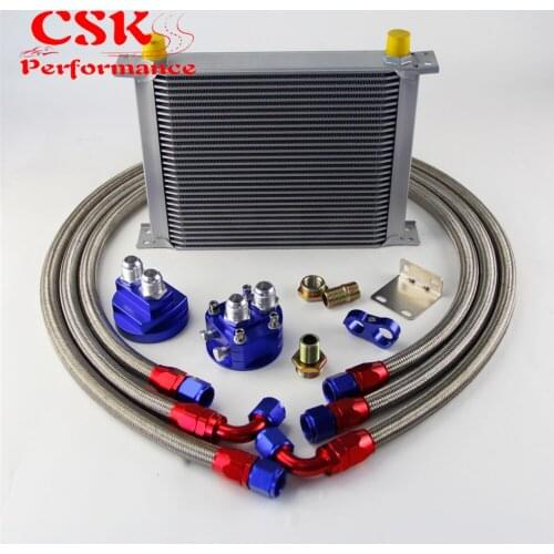 30 Row AN10 Universal Engine Transmission Oil Cooler British Type + Filter Adapter Kit Silver/Blue