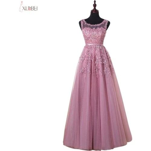 Xunbei Tulle Evening Dress 2019 Elegant Long Dusty Pink Formal Gown 2020 A line Lace Applique Sleeveless robe de soiree