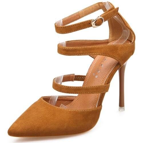 Women Summer New Black Stiletto Sandals Pointed Toe Head With A Buckle High Heels Suede Shoes Pumps Brand Designer