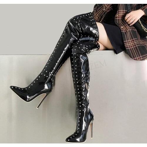 BERZIMER Women Thigh High Heels Boots Stiletto High Heels Over Knee Boots Studded Cosplay Ladies Shoes Woman Large Size 30 45 48