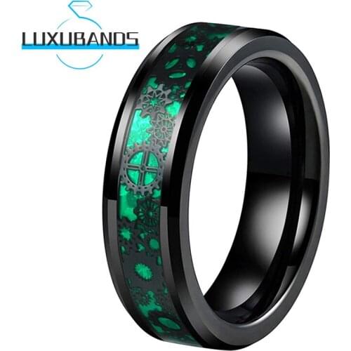Womens 6MM Tungsten Wedding Bands Beveled Edges Green Opal Black Gear Inlay Polished Finished Comfort Fit