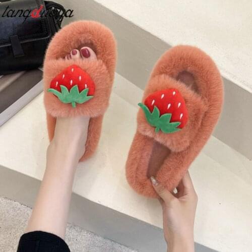 Strawberry furry slipper Woman Winter Shoes For Women Platform Home Slippers Faux Fur Warm Shoes Female Slides Plus Size 42