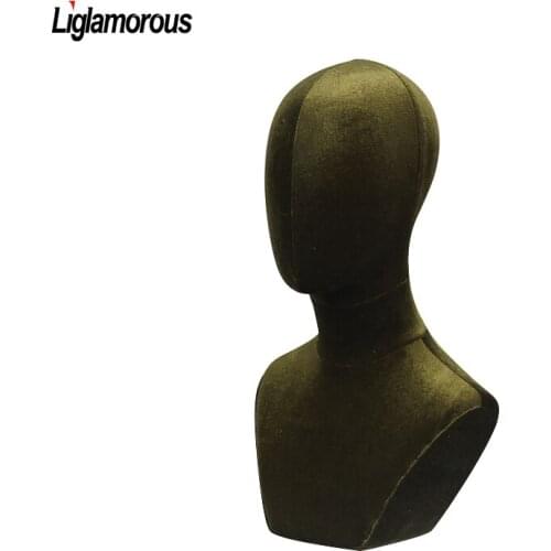Female Abstract Mannequin Head Display Hat Wig Scarves Headscarves Necklace Insertable Needle Foam Cloth Velvet Fabric ArmyGreen