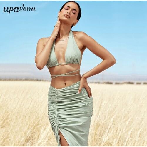 Free Shipping 2021 New Womens Sexy Drawstring Skirt Set Halter Neck Lace Halter Crop Top & Split Long Skirt Party Two-piece Set