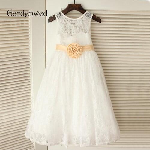 Gardenwed 2019 White Lace Flower Girl Dresses Ribbon Pageant Dresses for Wedding
