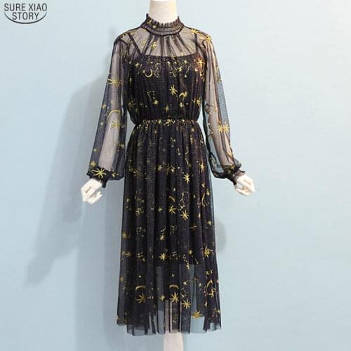 2021 Star Moon Embroidery Dress Women Printing Mesh Puff Sleeve Long Dress Gray Beige Navy Stand Collar Midi Party Dress 12992