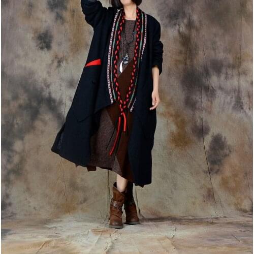 Women Autumn winter Retro Woollen Coat blends Outwear Vintage Overcoat Loose Long Coat Ladies Patchwork Trench
