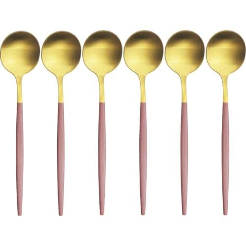 6Pcs Pink Gold Spoon Set Matte Stainless Steel Soup Spoon Dinner Set Coffee Scoop Cake Fruit Spoon Salad Dinnerware Flatware Set