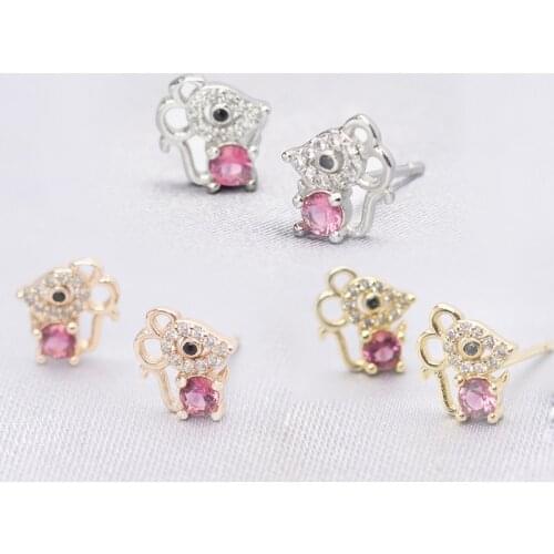 925 Sterling Silver Pin Lovely and Auspicious Mouse Earrings Inlaid with Pink Pearls, Christmas Gift Earrings