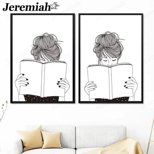 Abstract Reading Girl Canvas Painting Black and White Lines Simple Poster Wall Art Nordic Living Room Home Decor Accessories