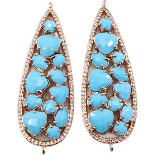 APDGG 2Pcs 19x54mm Turquoise Blue Jade Gold Plated Water drop CZ Pendant Connector For Necklace Bracelet Earrings Jewelry DIY
