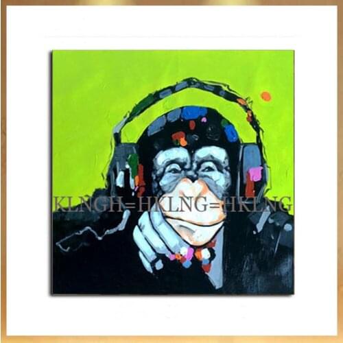 Free Shipping Handpainted Oil Painting On Canvas Listening to music Monkey Designed Oil Painting Abstract Modern Canvas Wall Art