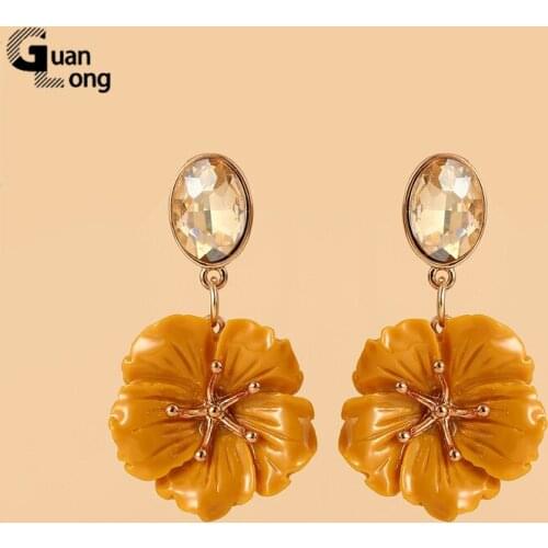 GuanLong Large Acrylic Handmade Flower Dangle/Drop Earrings for Women 2021 Korean Resin Fashion Jewelry Crystal Long Earing Girl