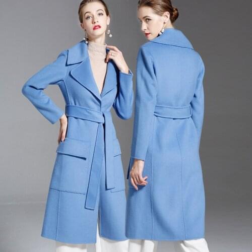 Long woolen blends cashmere coats for women 2019 autumn winter ladies jackets plus size overcoat double sided baby blue belt