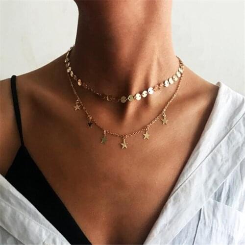 Elegant Double-Deck Circular Star Chain Necklace for Women Luxury Lady Gold Clavicle Pendant Necklaces Female Party Jewelry