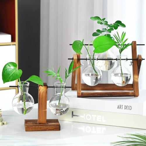Hydroponics Terrarium Pants Vase Vintage Wood Shelf Flower Pot Tabletop Plants Bonsai Glass Tube Stand for Flower Pots Décor
