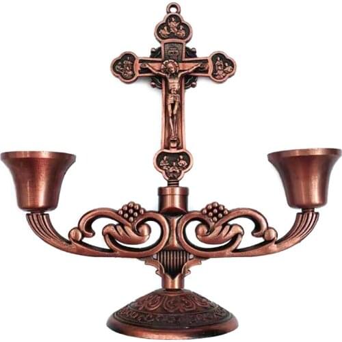 Christian Catholic Sacred Crucifix Table Stand Candlestick with Handle Metal Tabletop Candle Holder Home Furnishing Desk