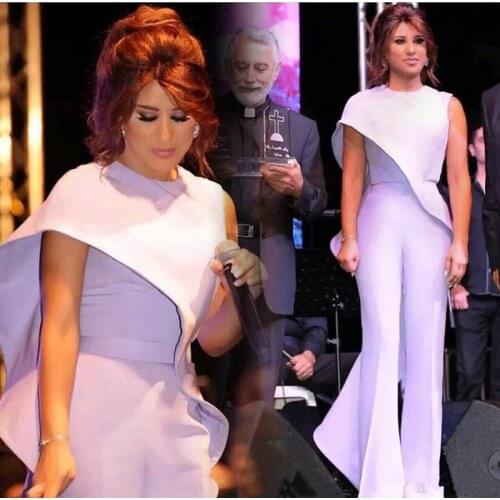 Lavender Jumpsuits Arabic Prom Dresses Jewel Neck Pantsuit Plus Size Evening Gowns Cheap Sheath Ruffled Formal Party Gowns