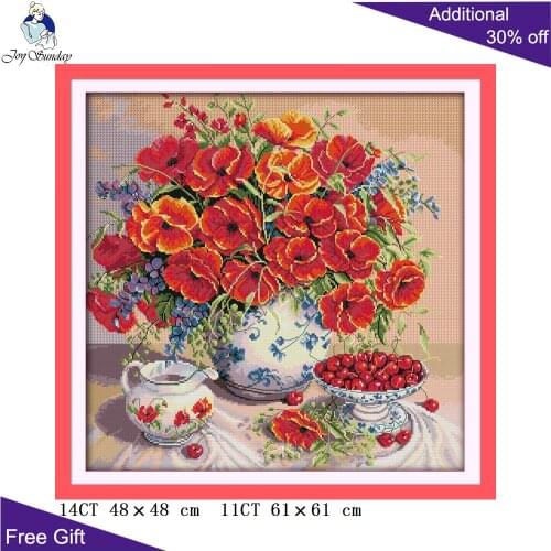 Joy Sunday Poppy And Cherry Needlepoints J218 14CT 11CT Counted and Stamped Home Decor Poppy And Cherry Cross Stitch Kits