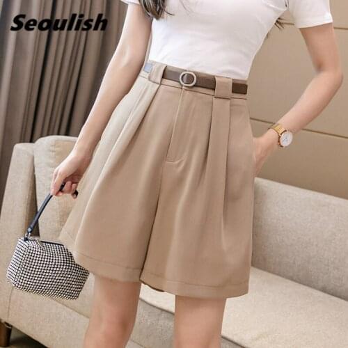 Seoulish Summer 2021 New Elegant Suit Half Pants with Belted High Waist Chic Wide Leg Pants Casual Office Loose Trousers Pocket