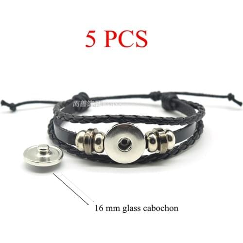5PCS Black Button Braid Leather DIY Bracelet Bangle Base Fit 16mm Round Photo Glass Dome Cabochon Jewelry Findings Supplies Gift