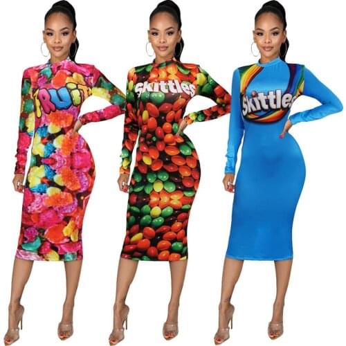Autumn 2020 Sexy Club Long Sleeve Dresses Women O Neck Print Midi Bodycon Dress Vestidos De Fiesta De Noche Ladies Dresses