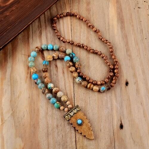 Ox bone Women Necklace 8mm stone beads With Arrowhead Pendant Necklace 28" Natural Turquoises Beads Necklace Lariat Necklace
