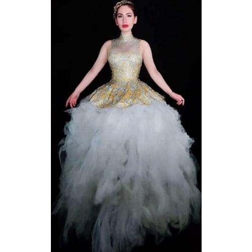 Golden Sleeveless Tutu Nightclub Dress Host Singer Stage Costume Evening Party Model Rave Clothes Bar Festival Outfit DJ538