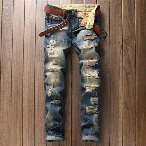 Retro Men Ripped Jeans Fashion Student Loose Straight Denim Pants Blue Male Casual Baggy Trousers