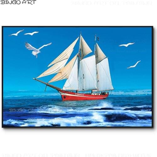 Hand-painted High Quality Blue Sea Landscape Oil Painting Big Boat Sailing Picture Flying Seagull Oil Painting for Wall Decor