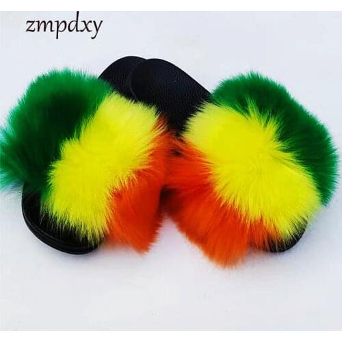Fashion Designer Female Non-Slip Furry Faux Fur Slides Plush Flip Flops EVA Women Faux Slippers Lady Fluffy Sandals Plus Size