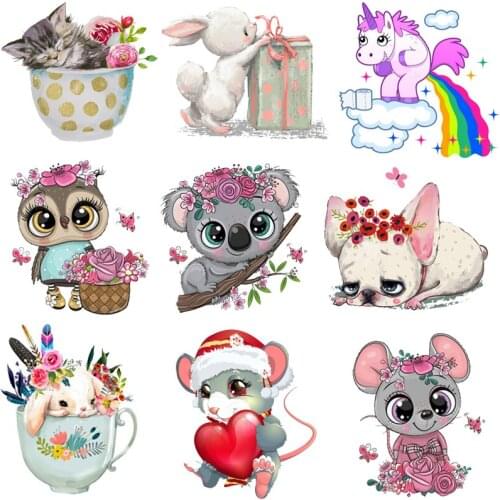Iron on Transfer Cute Animal Unicorn Patches For Clothing Cartoon Cat Thermal Stickers on Clothes DIY Children Clothing Applique