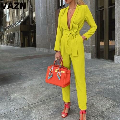 VAZN 2020 Hot Sales Office Lady High-end Elegant Free Deep V-Neck Full Sleeve Lace Up Top Women High Waist Straight Jumpsuits