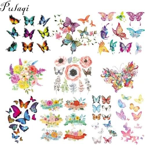 Pulaqi Flower Butterfly Iron On Transfers Vinyl Patches Anime Heat Thermal Transfer DIY Patch For Kids T-Shirts Clothes Decor F