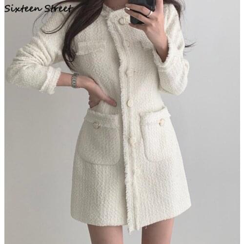 Vintage Beige Tweed Dress Woman Single Breasted Elegant Party Mini Dresses Female Autumn Winter Wool Blend Dress Vestidos Mujer