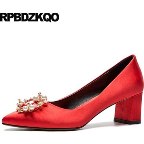 Pearl High Heels Shoes Pointed Toe Metal Bridal Rhinestone Crystal Red Wedding Satin Silk Ladies Party Thick Pumps Diamond Bride