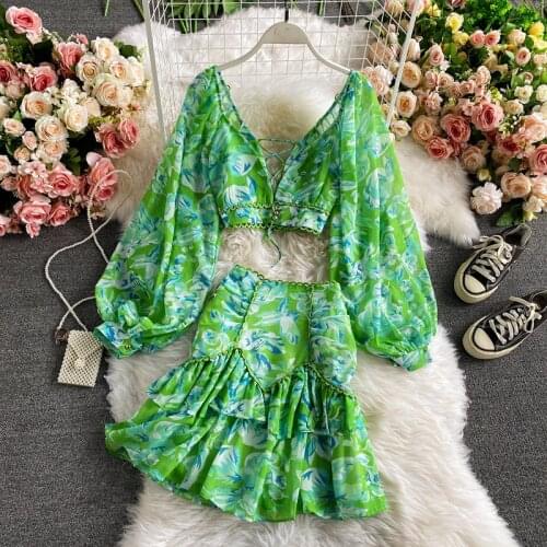 High Waist Deep V-neck Lantern Sleeve Short Chiffon Shirt Two-piece Female High Waist Floral Wrap Hip Skirt