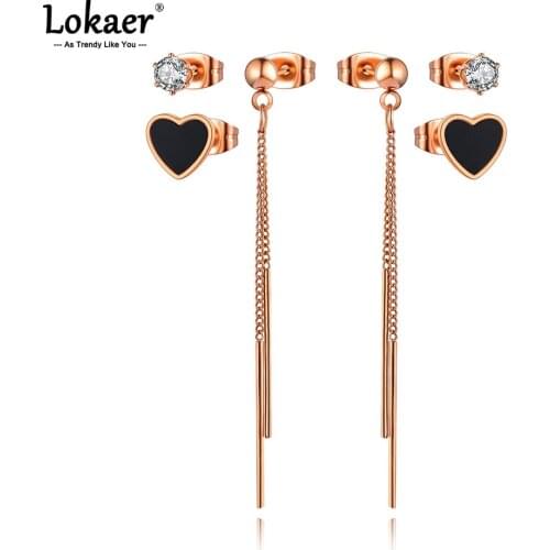 Lokaer Trendy Stainless Steel Heart Tassels Earrings Jewelry 3Pair/Set CZ Crystal Earrings For Women Серьги Pendientes E21031