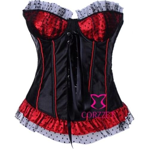 Lolita Dot Black Red Patchwork Lace Trim Satin Corset Women Gothic Strapless Overbust Push Up Corpetes E Espartilhos Bustier Top