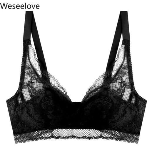Weseelove Womens Bra Without Steel Ring Lace Mesh Sexy Black Adjustable Comfortable Gathering Underwear Sexy Lingerie Hot B09-4