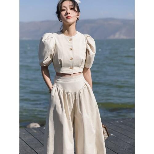 Korean Style Spring and Summer New Simple Temperament Puff Short Sleeve Short Shirt High-Waisted Trousers Skirt Suit for Women