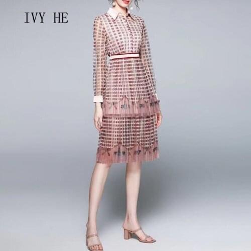 IVY HE High Quality Autumn Dress Woman Clothing Gauze Broken Flower Pleat Midi Long Dress Traf ZAfu Vintage Party Dresses