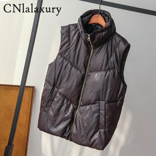 New Winter Women Waistcoat Leather Parkas Female Casual Warm Vest Womens Stand Collar Sleeveless Jacket Pockets Streetwear Coat