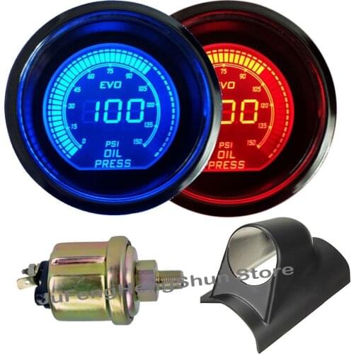 2inch 52mm Car Oil Pressure Gauge Psi 12V Blue Red LED Light Manometer Press Auto Digital Meter + Car Left Hand Drive Pod Holder