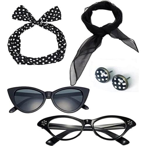 Adult Halloween Cosplay Costumes 5 Pack 50s Set Chiffon Scarf Cat Eye Glasses Bandana Tie Headband Earrings