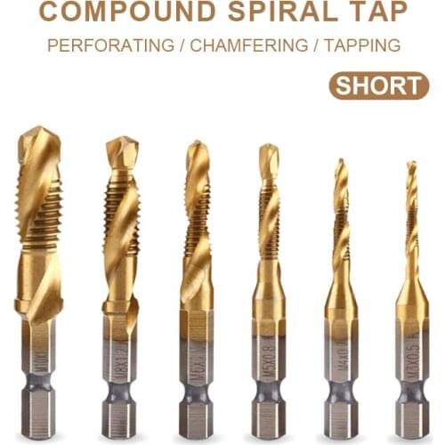 6Pcs Hex Shank Titanium Plated HSS Screw Thread Metric Tap Drill Bits Screw Machine Compound tap M3 M4 M5 M6 M8 M10 Hand Tools