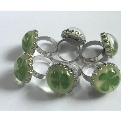 9 pcs Real Four Leaf Clover Vintage Created Round Glow Finger Ring